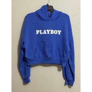 Playboy Hoodie Womens M Blue Cropped PLAYBOY Block Letter Kangaroo Pocket Y2K